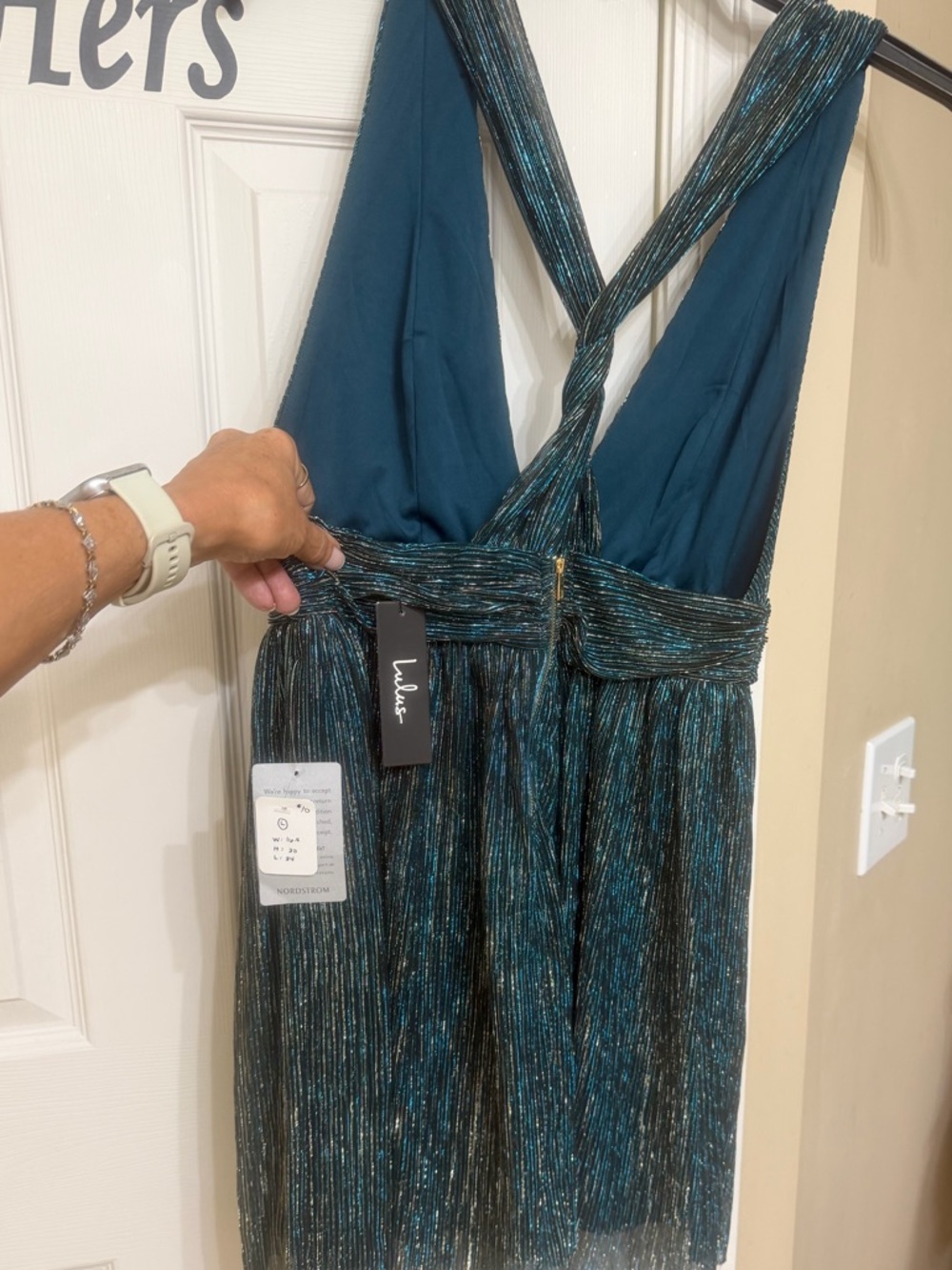Lulu's Teal & Gold Shimmer Halter Dress - L - Picture 4 of 15